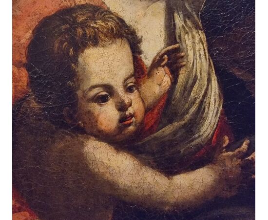 Olio su tela Madonna con Bambino e Arcangelo del 600 scuola Bolognese