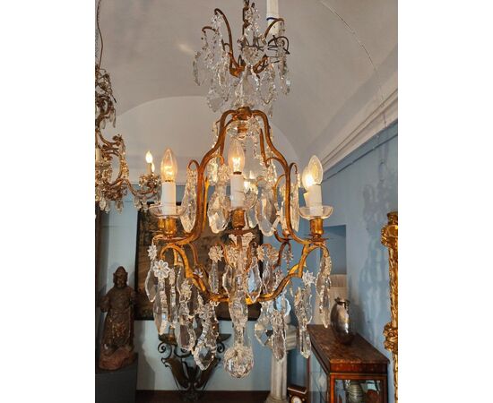 Lampadario in bronzo dorato e cristalli Baccarat  / con certificato Maison Baccarat