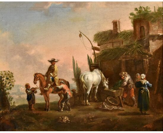 La sosta di un cavaliere, Simon Johannes van Douw (Anversa 1630 circa - 1677 circa) seguace di