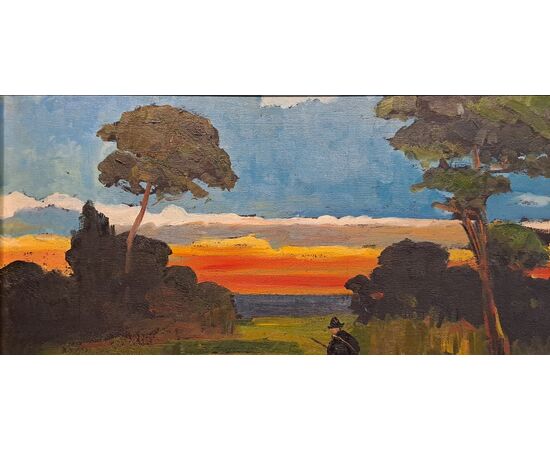 "CACCIATORE AL TRAMONTO " - OLIO SU TAVOLETTA - RENATO NATALI (1883 - 1979)