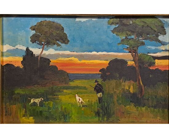 "CACCIATORE AL TRAMONTO " - OLIO SU TAVOLETTA - RENATO NATALI (1883 - 1979)