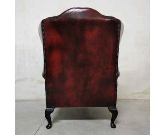 Poltrona inglese chesterfield modello bergere originale vintage in pelle rosso bordeaux anticato 