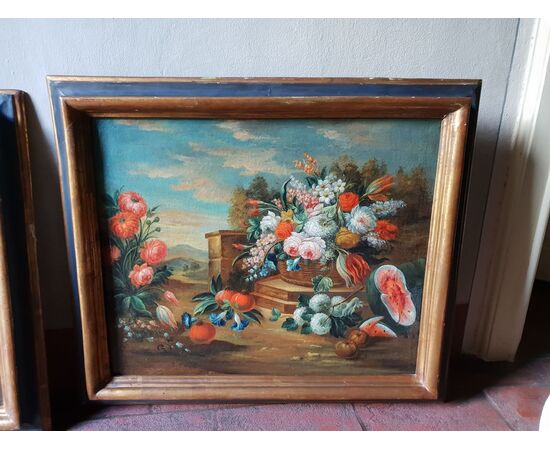 COPPIA NATURE MORTE FIORI E FRUTTA