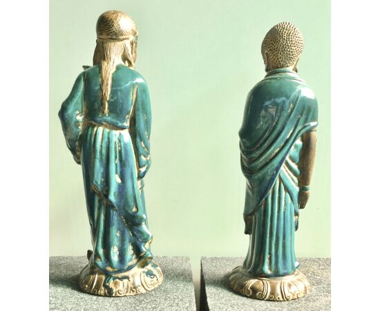 Pair of oriental figures with wooden base.Ugo Zaccagnini manufacture.Sesto Fiorentino.     