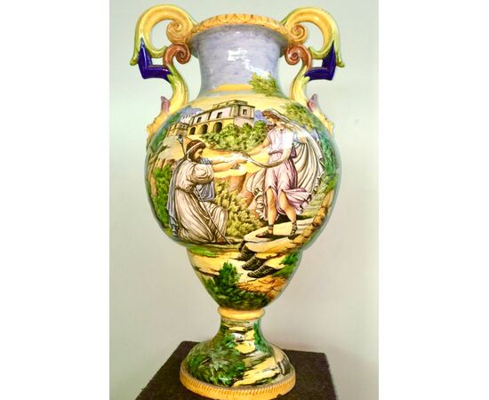 Large vase with masked handles and historiated decoration. SACA Sesto Fiorentino manufacture.     