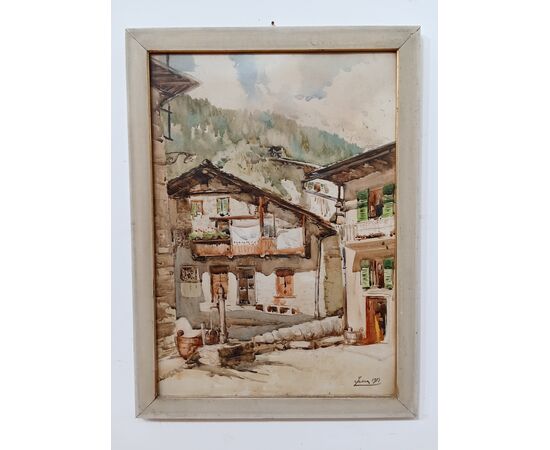 Quadro acquarello su carta " Baite Valtellinesi" - Alta Valtellina - datato 1951