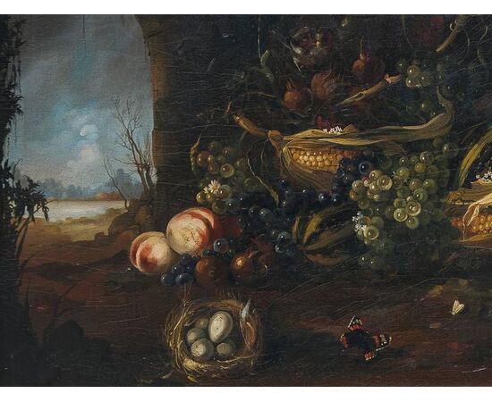 Italian Old Still Life Oil Painting on Canvas in Flemish Style     