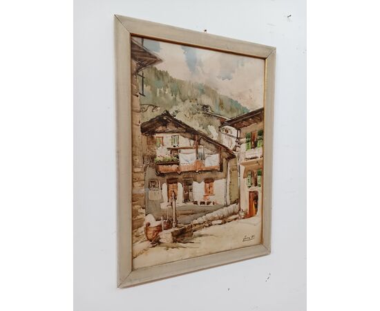 Quadro acquarello su carta " Baite Valtellinesi" - Alta Valtellina - datato 1951