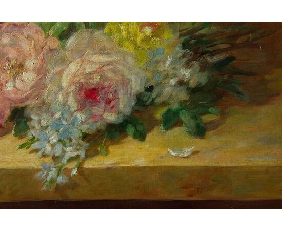 &quot;Roses on the Table&quot; Old French Painting, oil on canvas     