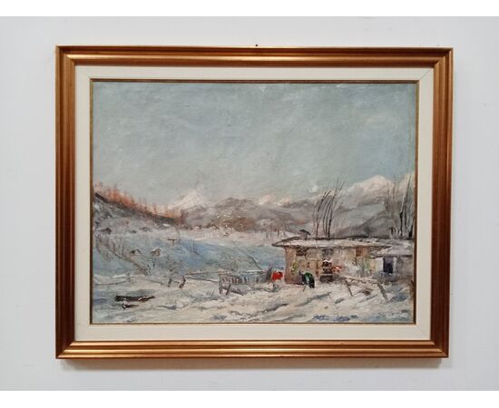 Quadro - Dipinto paesaggio montano innevato- autore Francesco Carini - 1950 ca