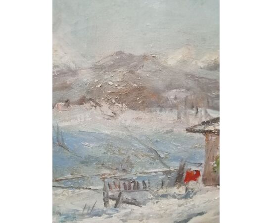 Quadro - Dipinto paesaggio montano innevato- autore Francesco Carini - 1950 ca