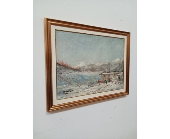 Quadro - Dipinto paesaggio montano innevato- autore Francesco Carini - 1950 ca