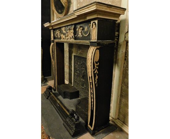 chl139 neoclassical lacquered wood fireplace, mis. larg. 168 x 38 cm, h cm141