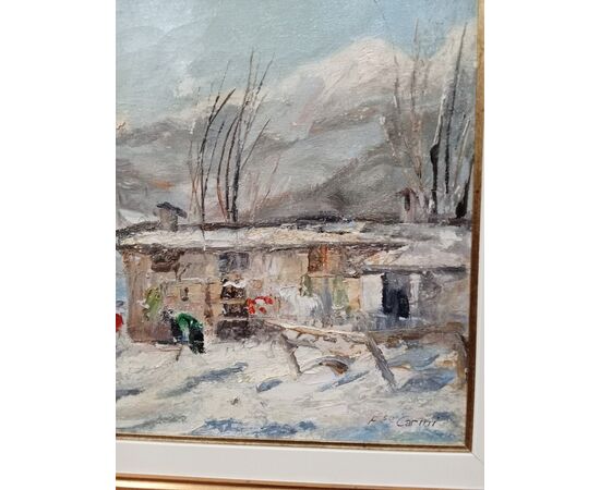 Quadro - Dipinto paesaggio montano innevato- autore Francesco Carini - 1950 ca