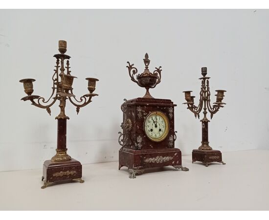 Orologio trittico in marmo rosso - fine '800- parigina - sveglia con candelabri