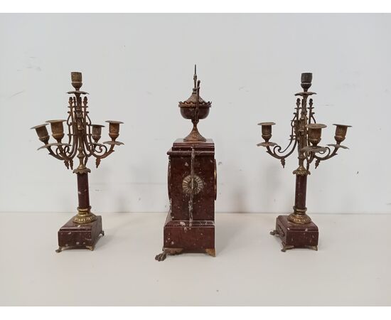 Orologio trittico in marmo rosso - fine '800- parigina - sveglia con candelabri