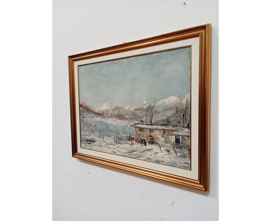 Quadro - Dipinto paesaggio montano innevato- autore Francesco Carini - 1950 ca