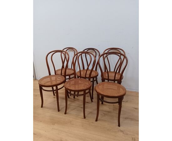 Gruppo sei sedie tipo thonet in faggio con seduta in paglia di Vienna-primi '900