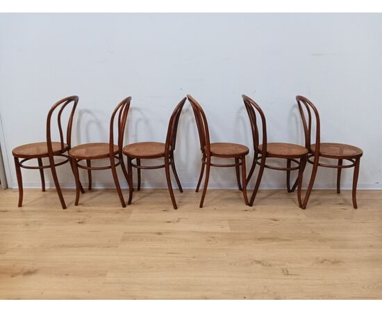 Gruppo sei sedie tipo thonet in faggio con seduta in paglia di Vienna-primi '900