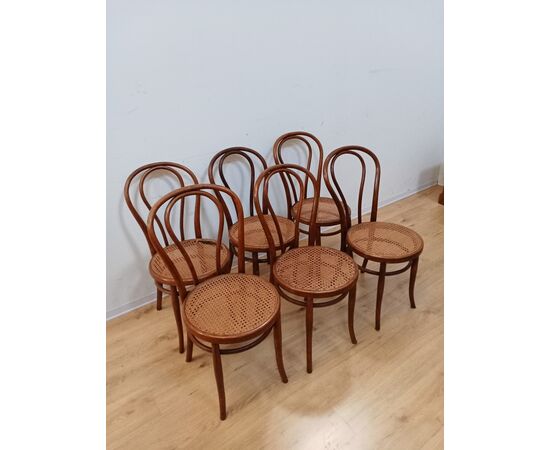 Gruppo sei sedie tipo thonet in faggio con seduta in paglia di Vienna-primi '900