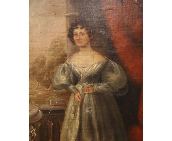 Antico quadro inglese del 1800 olio su tavola Inglese "Donna in abito elegante"