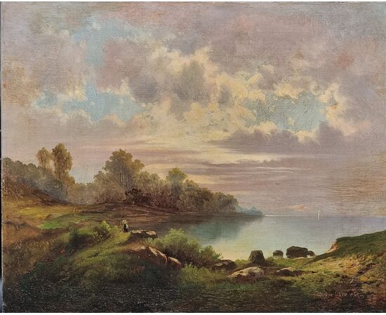 Edmond Van der Haeghen (Belgio 1836 - 1919)  "Paesaggio lacustre al tramonto" olio su tela (cm 55x68) Firmato in basso a destra