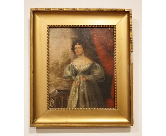 Antico quadro inglese del 1800 olio su tavola Inglese "Donna in abito elegante"