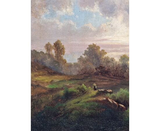 Edmond Van der Haeghen (Belgio 1836 - 1919)  "Paesaggio lacustre al tramonto" olio su tela (cm 55x68) Firmato in basso a destra