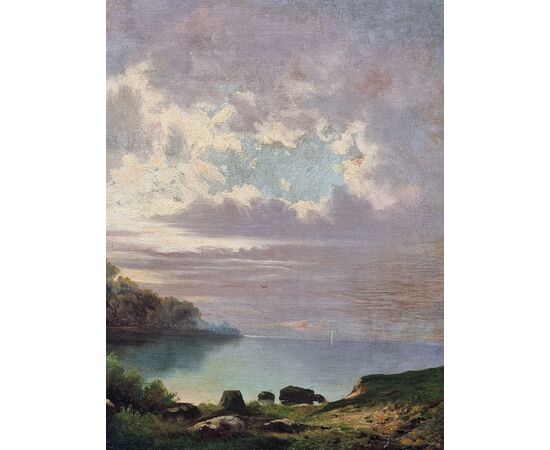 Edmond Van der Haeghen (Belgio 1836 - 1919)  "Paesaggio lacustre al tramonto" olio su tela (cm 55x68) Firmato in basso a destra