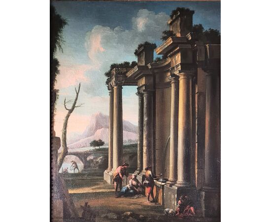 Alessandro Salucci (Fi.1590 - Ro.1657) "Capriccio architettonico con figure alla fonte"