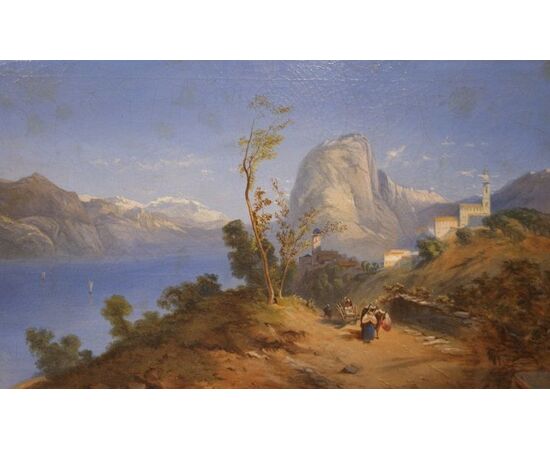 Antico dipinto inglese del 1800 olio su tela raffigurante paesaggio montano con lago