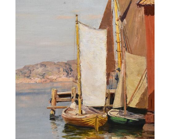 DIPINTI ANTICHI DI MARINE, PAESAGGIO MARINA, SVEZIA, OLIO SU TELA, XIX SECOLO. (QM611)   