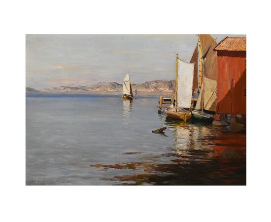 DIPINTI ANTICHI DI MARINE, PAESAGGIO MARINA, SVEZIA, OLIO SU TELA, XIX SECOLO. (QM611)   