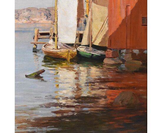 DIPINTI ANTICHI DI MARINE, PAESAGGIO MARINA, SVEZIA, OLIO SU TELA, XIX SECOLO. (QM611)   