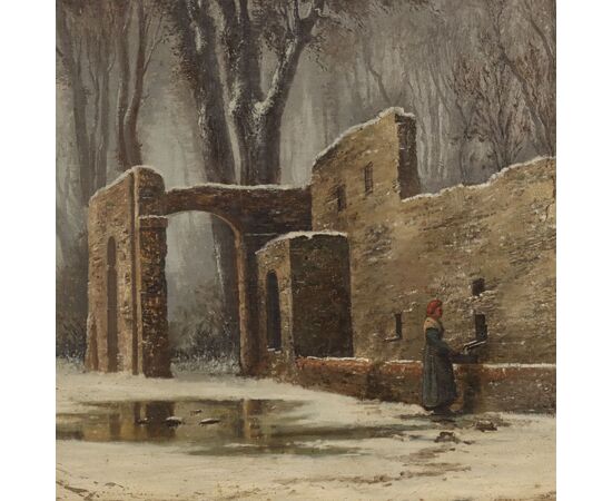 Mentore Silvani - Paesaggio Innevato con Figure 1872