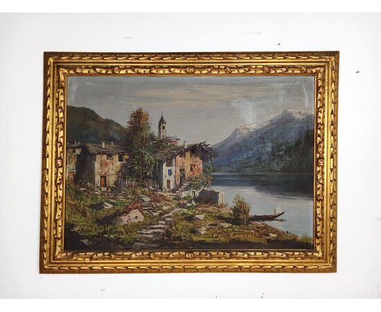 Quadro olio su tela paesaggio montano con lago e montagne-primi '900-118x88 cm!!