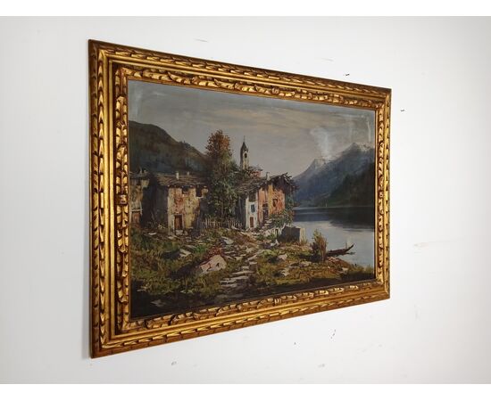 Quadro olio su tela paesaggio montano con lago e montagne-primi '900-118x88 cm!!