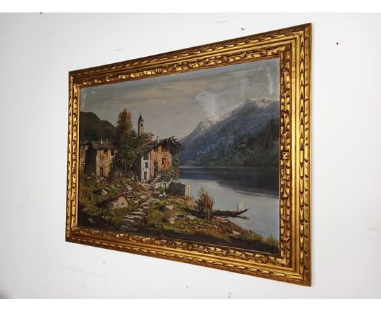 Quadro olio su tela paesaggio montano con lago e montagne-primi '900-118x88 cm!!