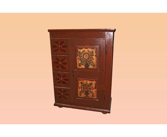 Credenza italiana Tirolese alta ad 1 anta con cassetti con pitture floreali 