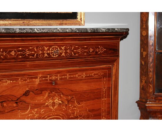 Secretaire francese stile Carlo X riccamente intarsiato in Palissandro metà 1800