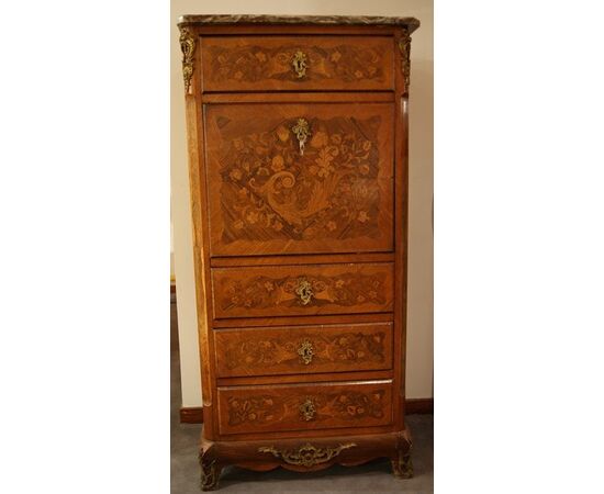 Antico secretaire francese del 1800 stile Napoleone III riccamente intarsiato, marmo e bronzi