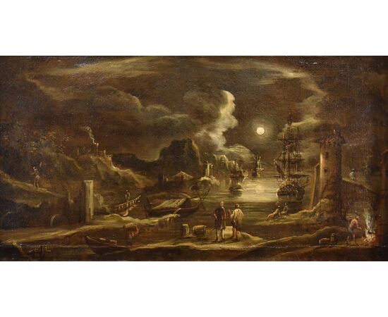 Veduta portuale al chiaro di luna, Giovanni Grevenbroeck, il Solfarolo (Paesi Bassi, 1650 ca. – Milano, post 1699)