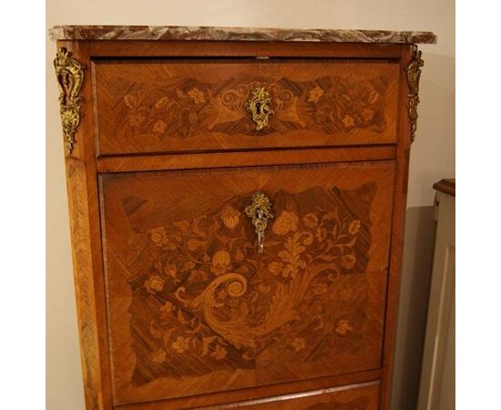 Antico secretaire francese del 1800 stile Napoleone III riccamente intarsiato, marmo e bronzi