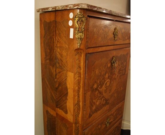 Antico secretaire francese del 1800 stile Napoleone III riccamente intarsiato, marmo e bronzi