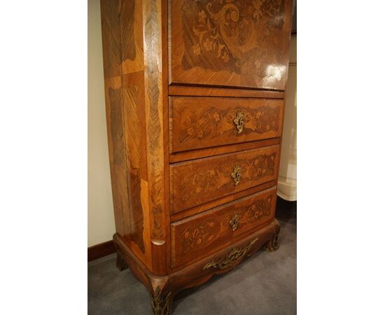 Antico secretaire francese del 1800 stile Napoleone III riccamente intarsiato, marmo e bronzi