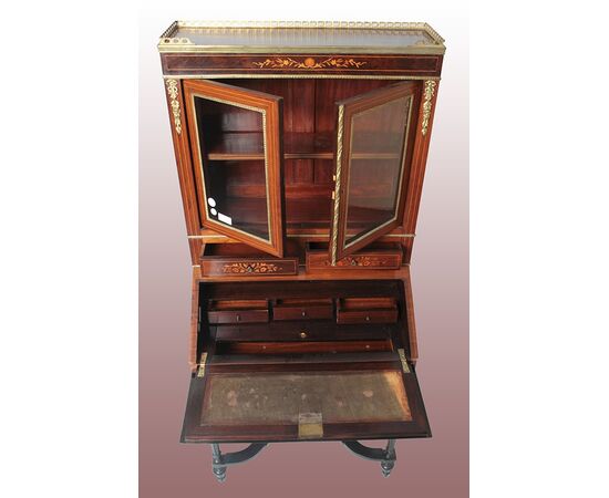 Antico cabinet francese del 1800 stile Luigi XVI con ribaltina e alzatina a vetrina 