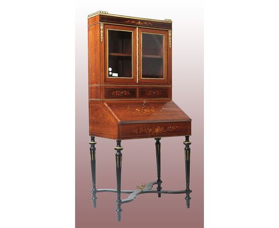 Antico cabinet francese del 1800 stile Luigi XVI con ribaltina e alzatina a vetrina 