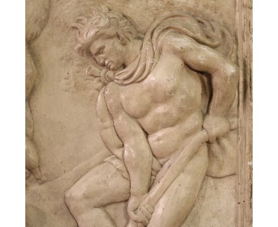 Bas-relief sculpture in plaster, Adam and Eve at work