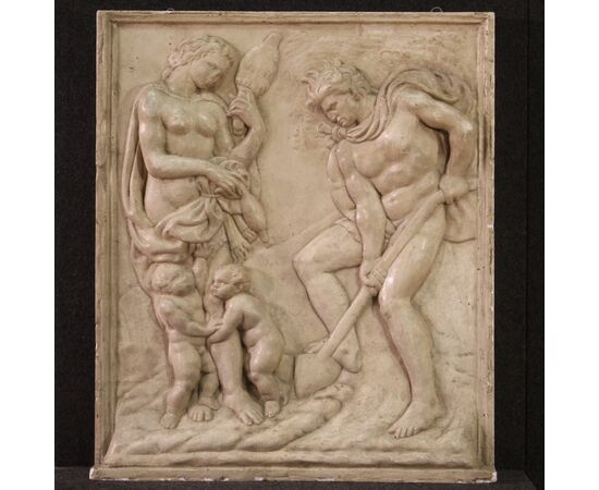 Bas-relief sculpture in plaster, Adam and Eve at work