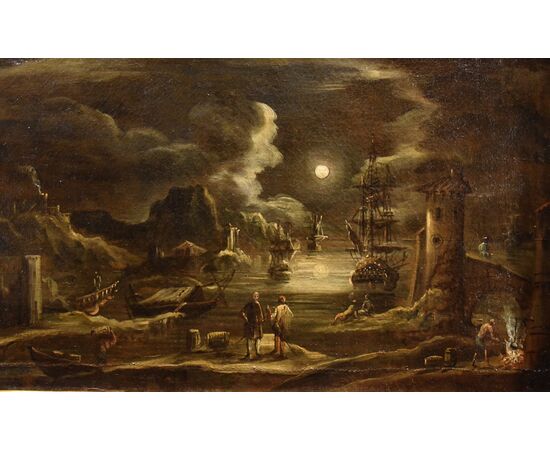 Veduta portuale al chiaro di luna, Giovanni Grevenbroeck, il Solfarolo (Paesi Bassi, 1650 ca. – Milano, post 1699)